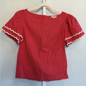 Vintage Celine Paris Red and White Polka Dot Cotton Blouse w/ Scalloped Sleeves